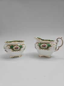 Coalport Green and Gold Floral Creamer and Sugar Set