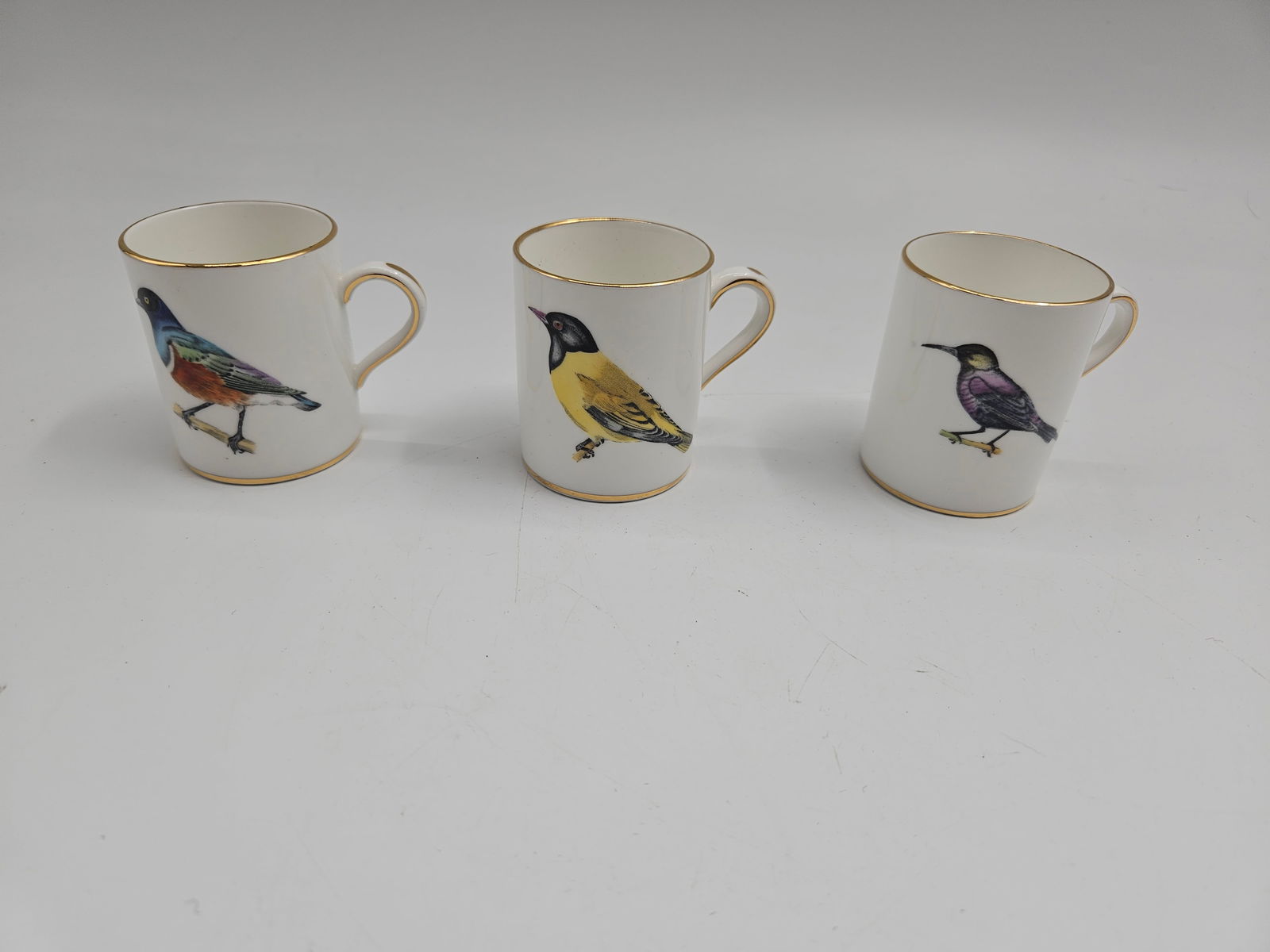 Hammersley “British Garden Birds?? Espresso Cups (Set of 3): Delightful set of three Hammersley fine bone china espresso cups featuring colorful bird illustrations — including the Black-Headed Oriole — accented with elegant gold rims. A collectible
