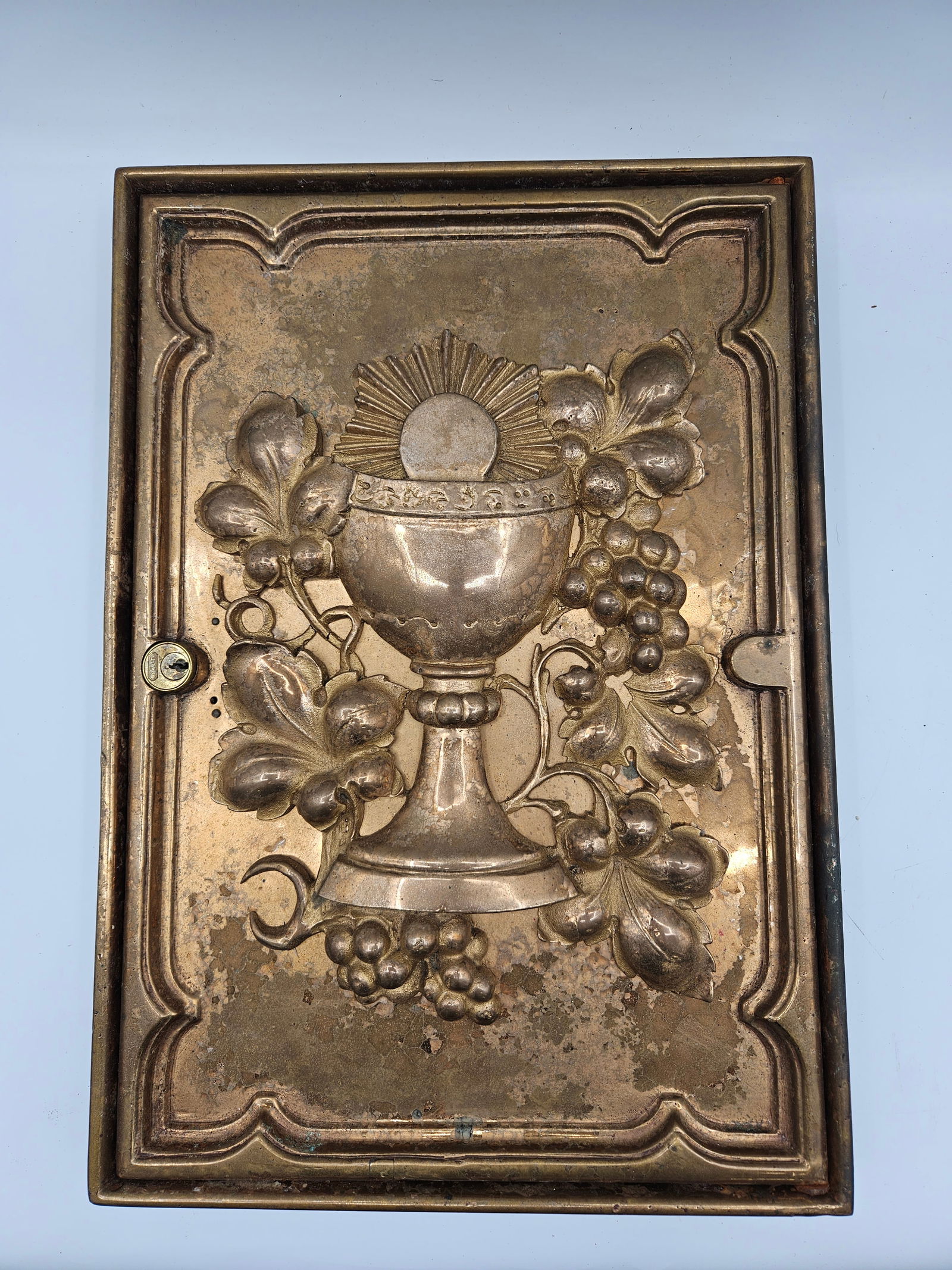 Antique Brass Tabernacle Door with Chalice and Host Relief (1 of 4)
