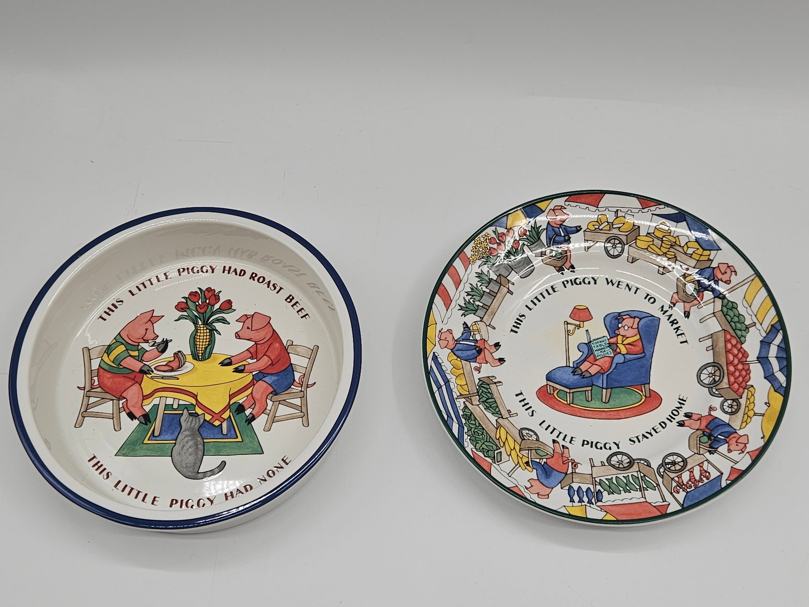 Tiffany & Co. "Five Little Pigs" Bowl and Plate Set: Tiffany & Co. "Five Little Pigs" set including one bowl (6.5" diameter x 1.5" H) and one plate (7" diameter). Both pieces feature charming piglet illustrations and text. M