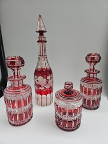 Bohemian Ruby Cut to Clear Decanter Set
