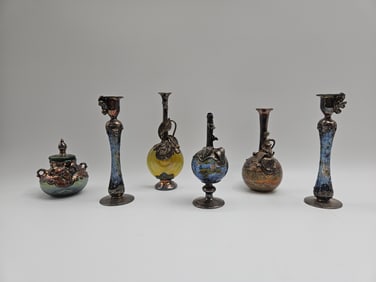 Middle Eastern Style Inlaid Vases, Jars, and Candlestick Holders – 6 Pieces