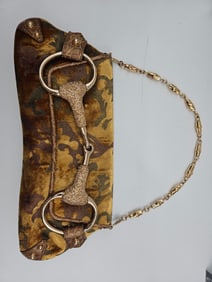 RARE Gucci Horsebit Crystal Brown Floral Velvet & Leather Trim Shoulder Bag