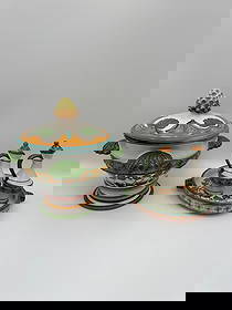 Italian Majolica Soup Tureen and Oil Cruet Set: A charming Italian Majolica set including a soup tureen with lid and handles, and an oil cruet set with two bottles and a tray. The tureen measures approximately 14x15 inches, the tray 10x10 inches, a