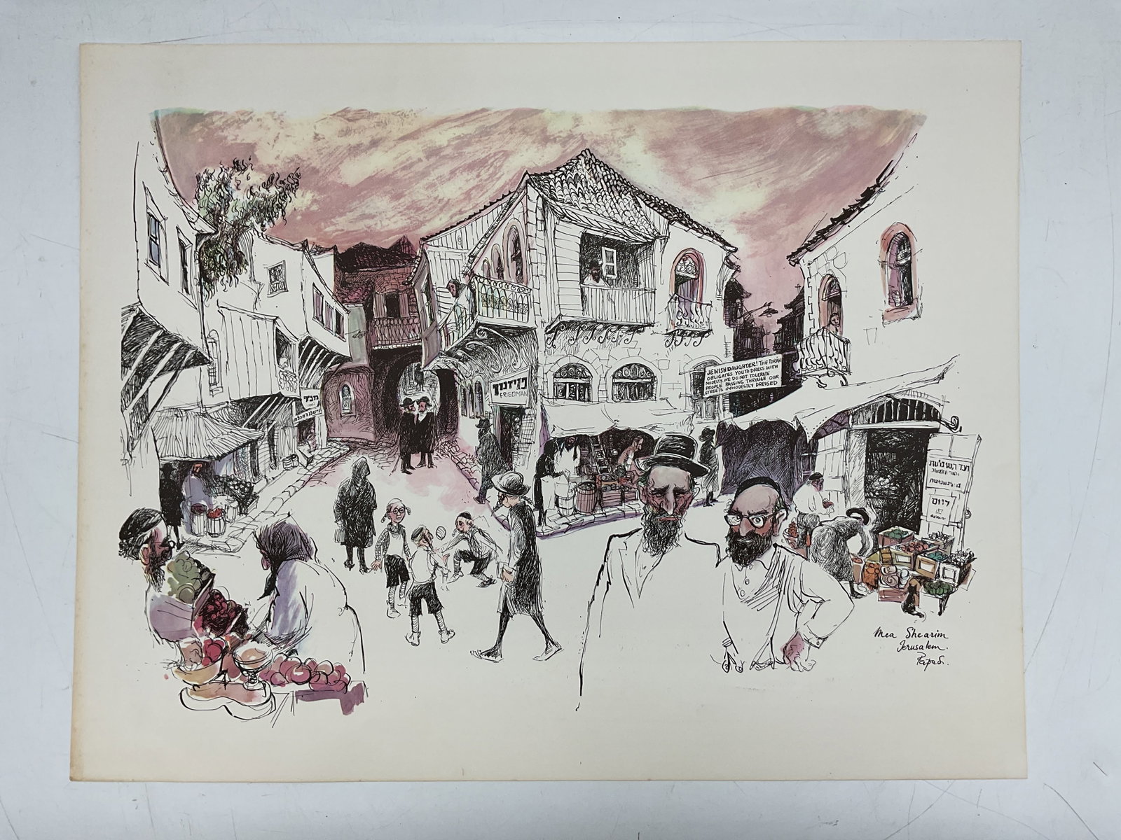 Mea Shearim Jerusalem by Papas: A lively illustration of the Mea Shearim neighborhood in Jerusalem by Papas, depicting daily street life with residents, vendors, and traditional architecture. The artist’s expressive ink work a