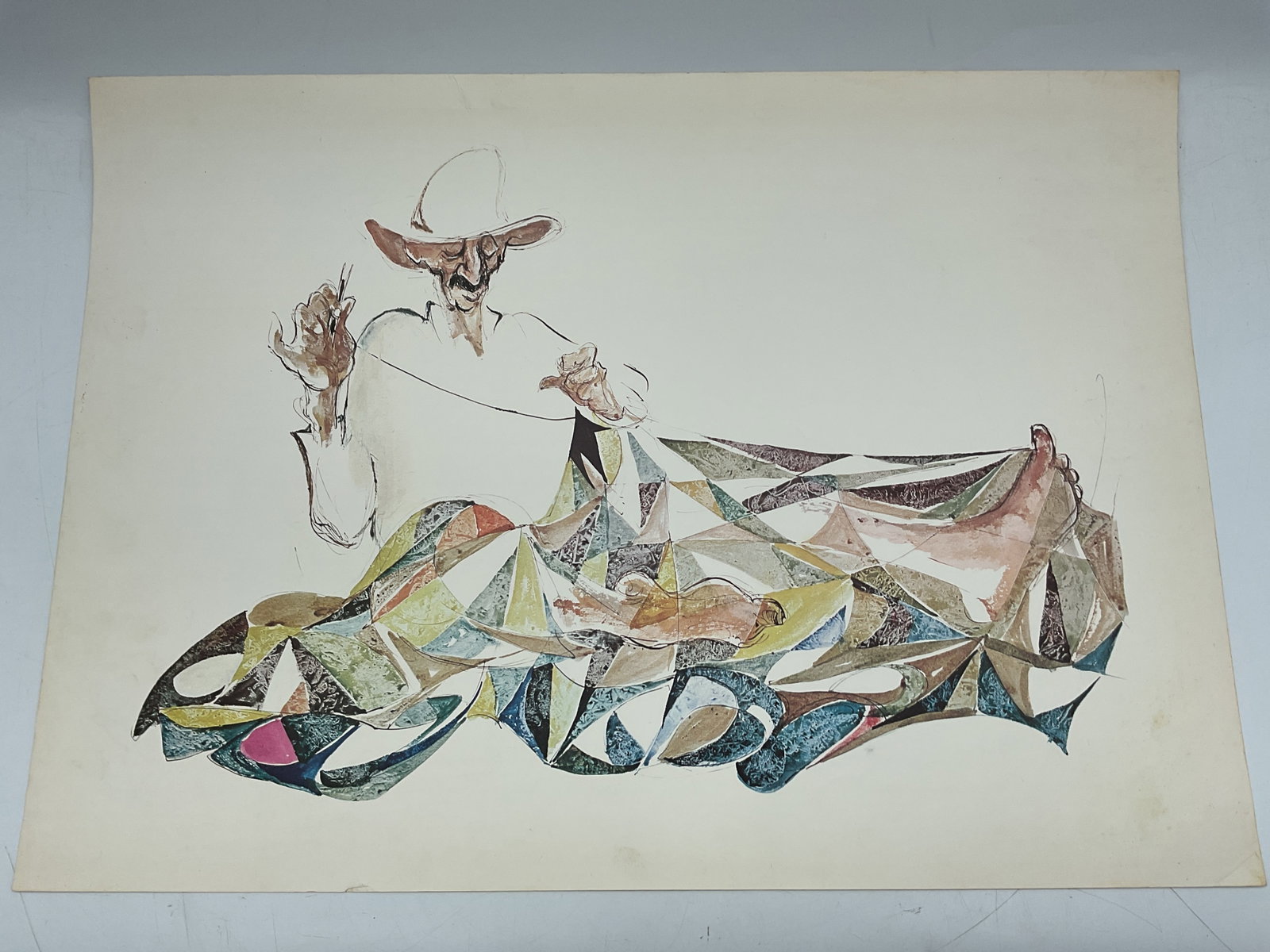 Drawing: A drawing of a man sewing blanket Dimensions: L27in W20in