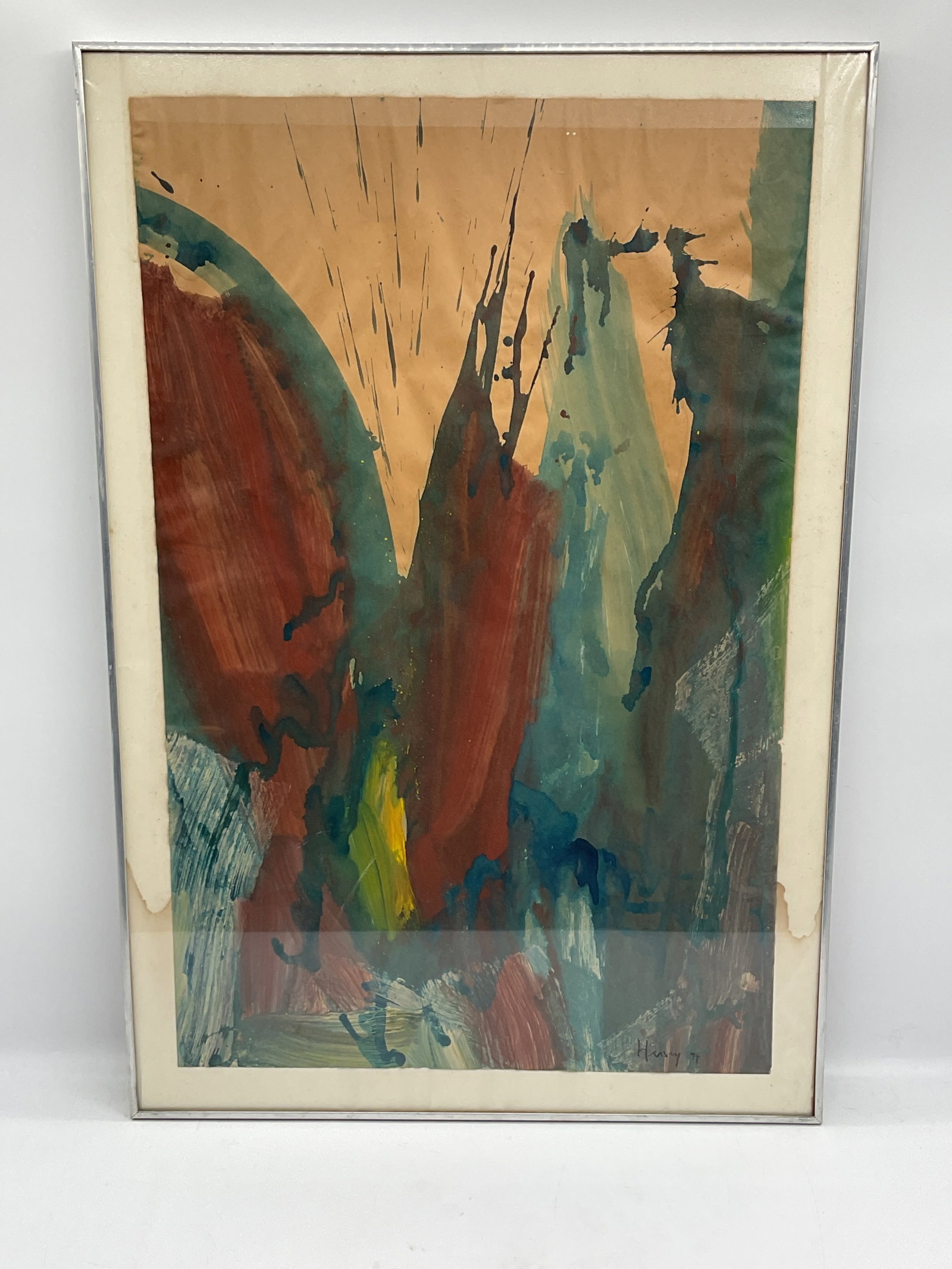 Abstract artwork: Vibrant abstract painting featuring bold vertical forms in shades of red, blue, green, and ochre. Textured brushwork and layered composition create a sense of depth and motion. signed by artist. 