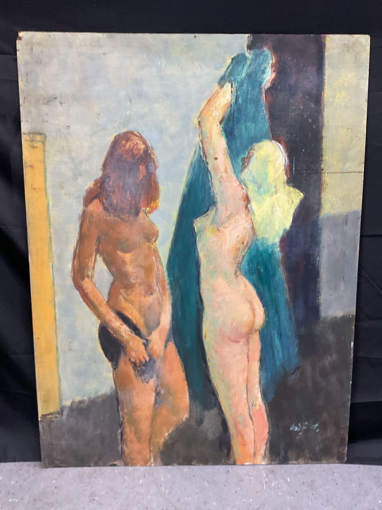 "The Blue Curtain" Nude Study by Loran Wilford (American, 1892-1972) Oil on Board: Description: An expressive oil painting by Loran Wilford titled The Blue Curtain, depicting two nude female figures in an interior setting. One figure, with auburn hair, stands in partial shadow