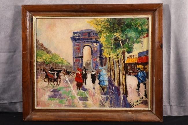 Oil on Canvas By Brasso(Spanish): This vibrant oil painting depicts a bustling Parisian street leading to the iconic Arc de Triomphe. With lively brushstrokes, Brasso captures the essence of Parisian life, incorporating figures stroll
