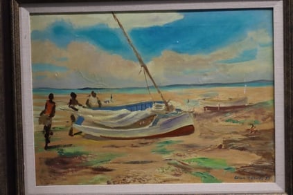 ALLEN HERMES (AMERICAN, 1913-2004) PAINTING: Beach Scene, oil on canvas, signed Allen Hermes Dimensions: H:22in L:28in