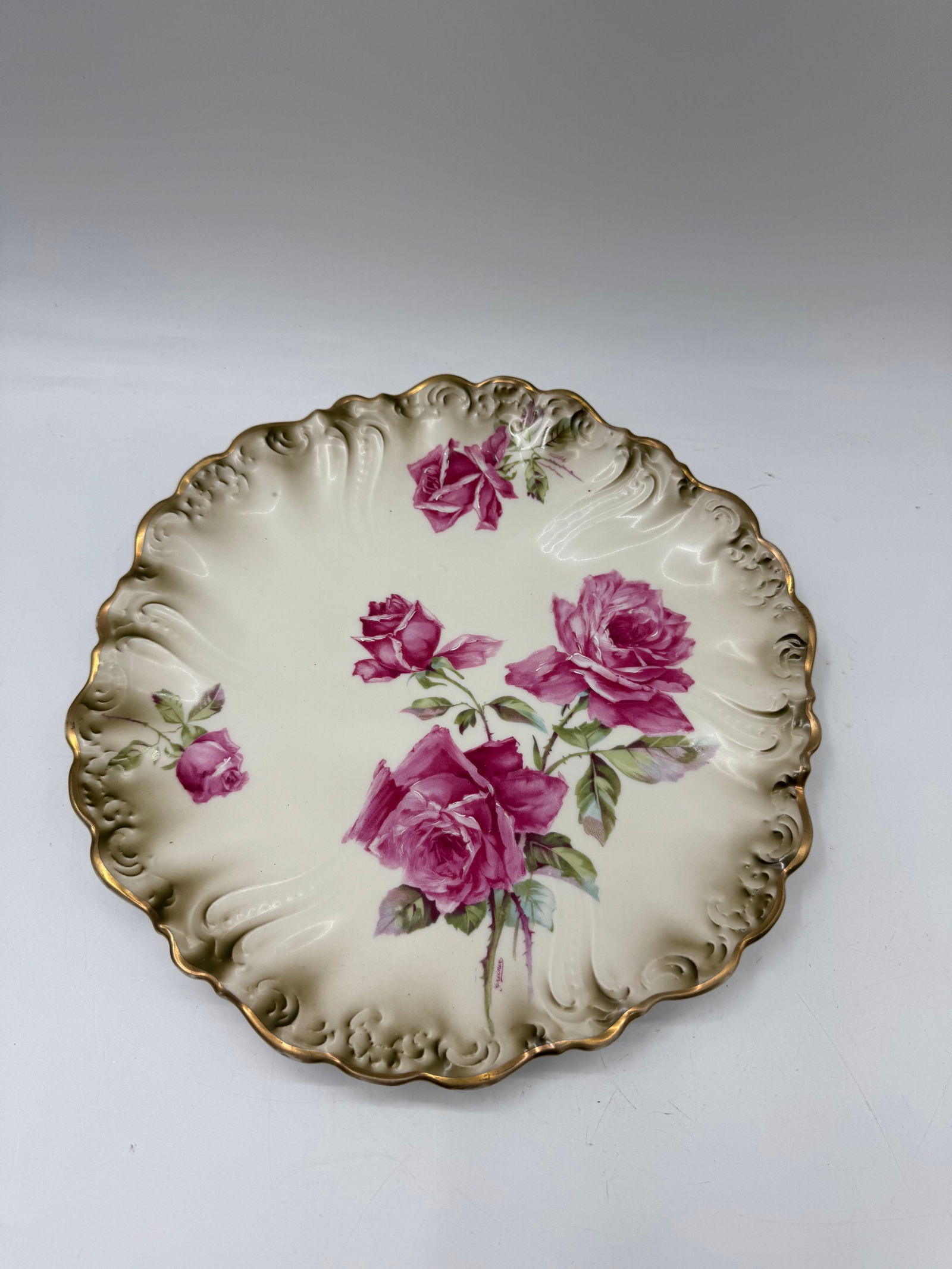 Floral Porcelain Plate with Gilt Edge, 11.5" Diameter (1 of 3)
