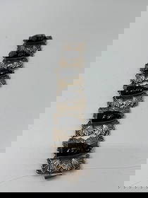 Vintage Mexican Sterling Silver Bracelet with Carved Stone Heads: Marked "Rubens Silver Mexico", featuring six panels with abstract carved stone motifs (possibly iolite, tourmaline, or onyx). Weight 64g 6in long