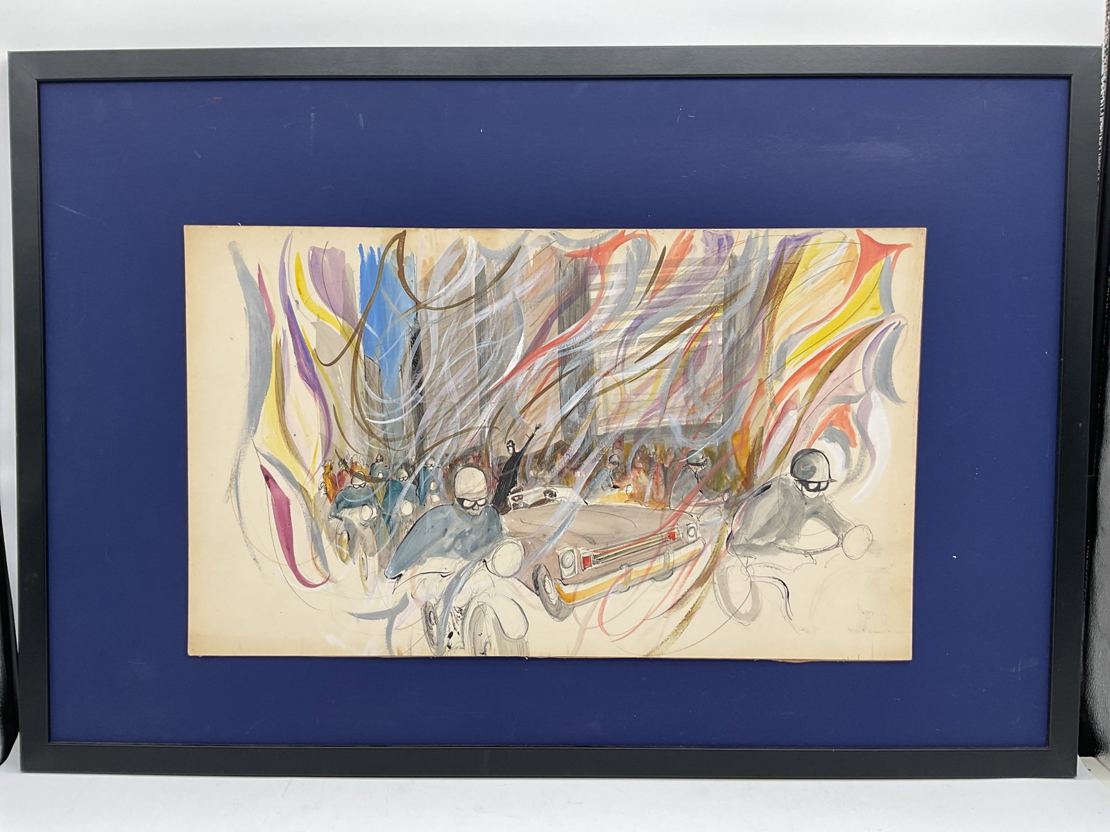 Abstract Parade Scene by Unknown Artist: A vivid abstract depiction of a parade, with swirling lines and bright color accents suggesting movement, music, and festivity. Figures and shapes merge in dynamic motion, creating a sense of energy a