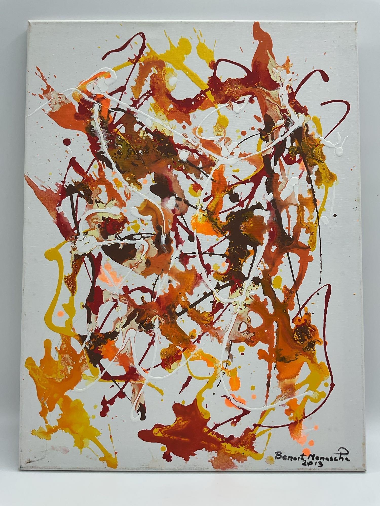 Abstract Expressionist Painting by Benoît Menasche, 2013: Vibrant abstract composition signed "Benoît Menasche 2013" in the lower right corner. Executed in a drip and splash technique reminiscent of Abstract Expressionism, this piece features