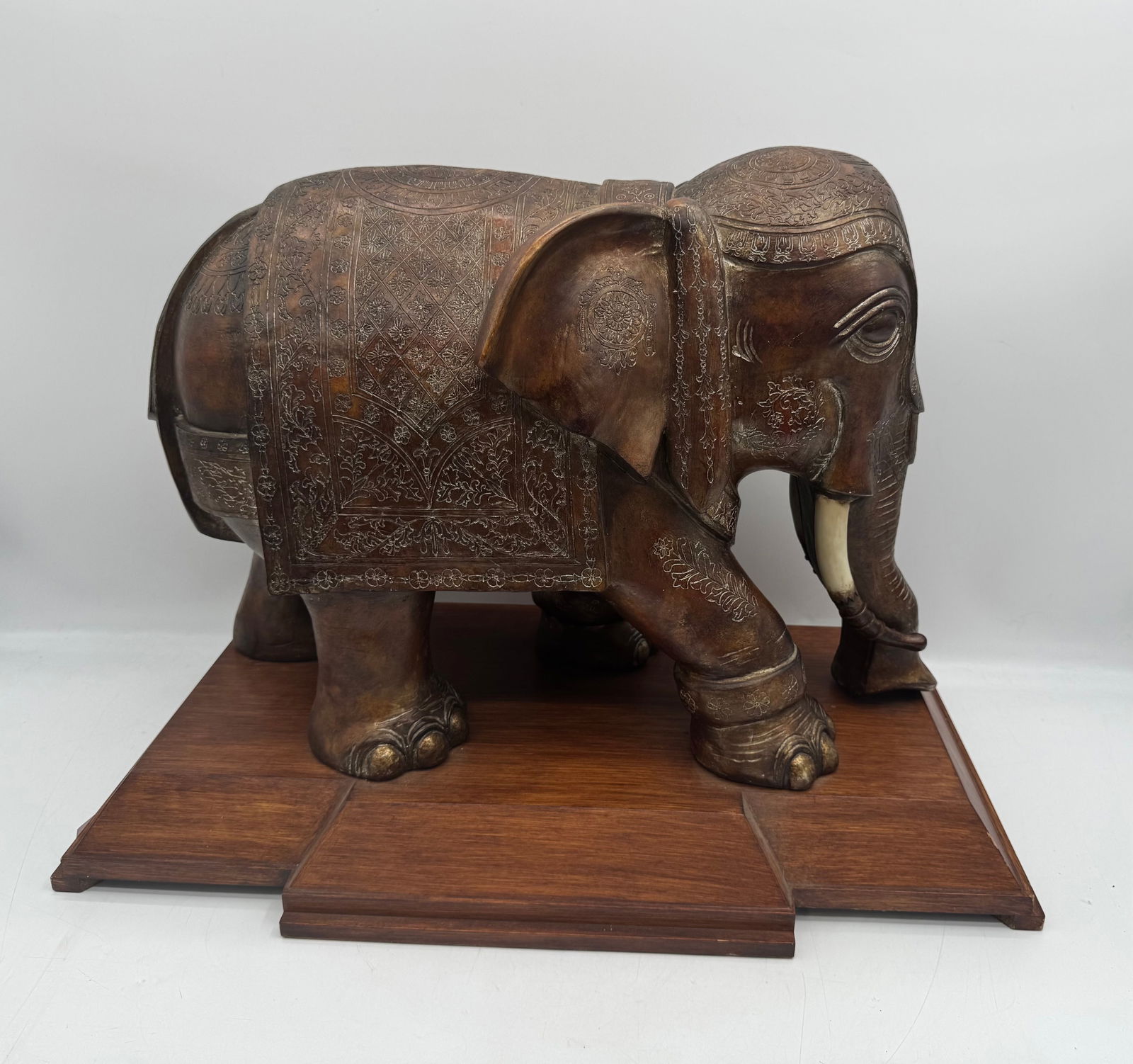 Large Carved Wood Elephant Sculpture on Stand (1 of 5)