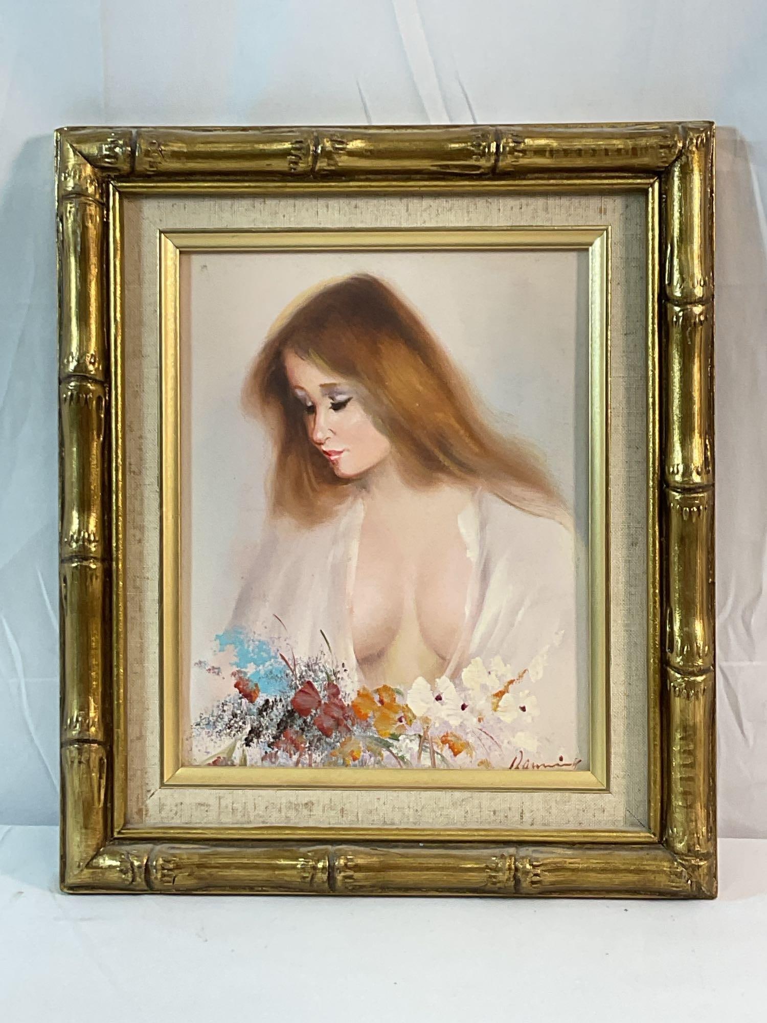 Kenning Nude Oil on Canvas:  Nude Woman with flowers, signed Kenning on the lower right. Medium: Oil on Canvas Dimensions: H:14in L:12in