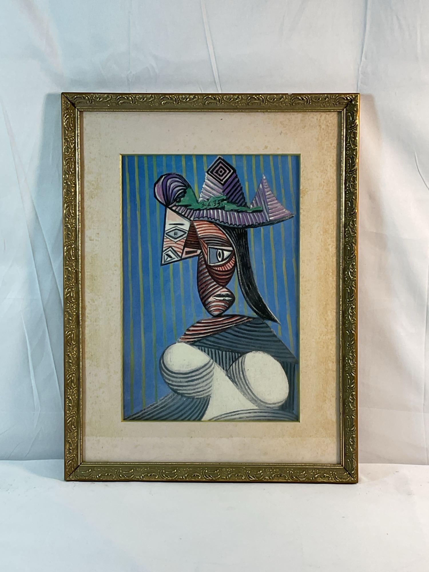 "Bust of a Woman Wearing a Striped Hat" by Pablo Picasso (after):  "Bust of a woman wearing a striped hat" reproduction of Pablo Picasso's original. Medium: Lithograph Dimensions: H:23in L:18in