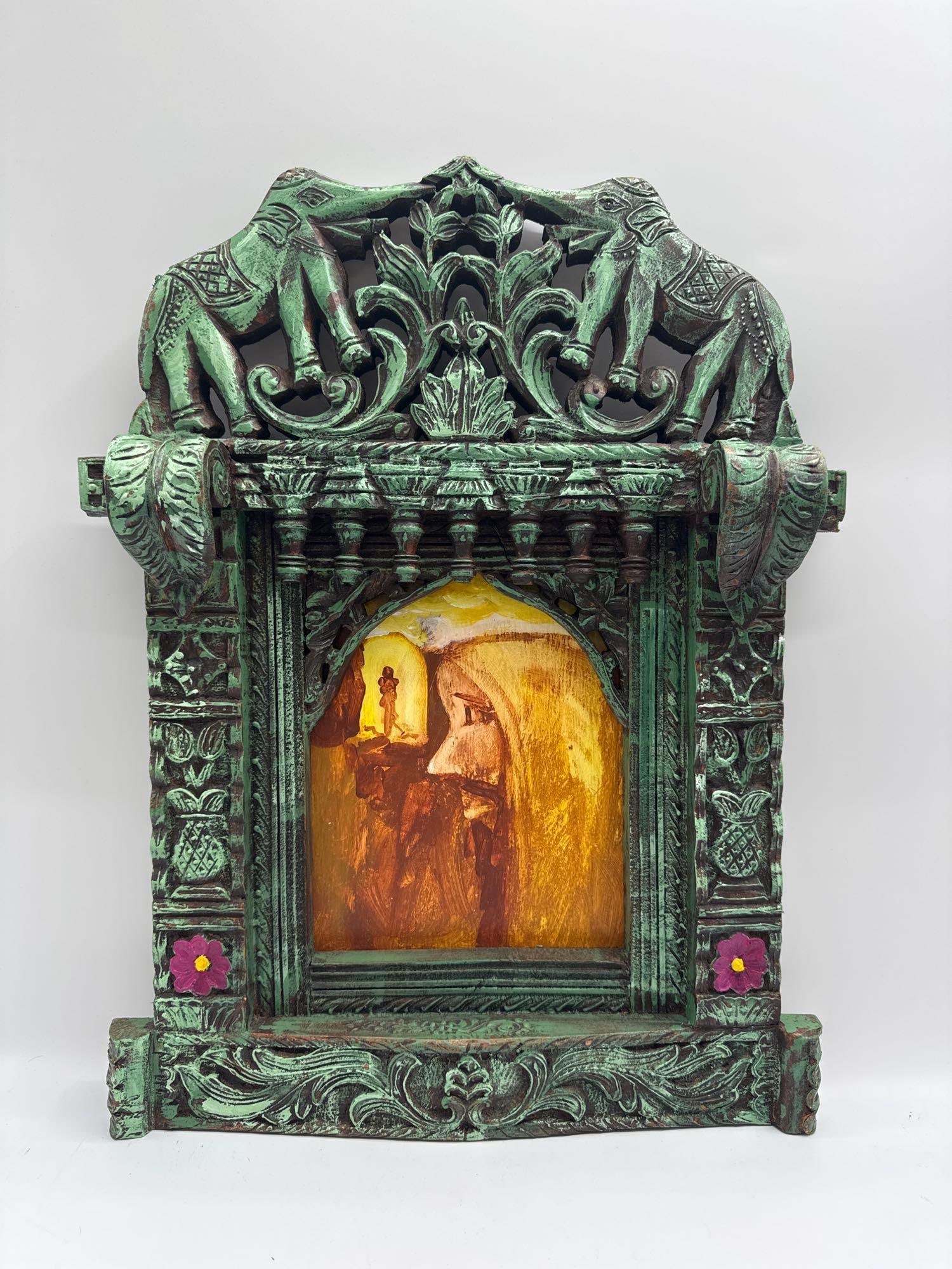 Hand-Carved Indian Wall Shrine with Surrealist Painting (1 of 4)