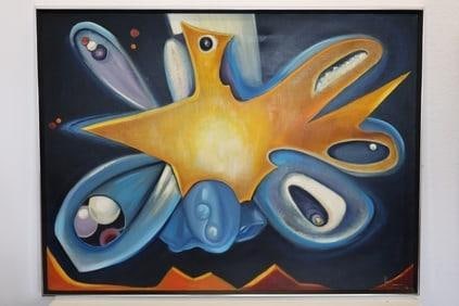 Oil on canvas abstract painting signed "Flavio": Large abstract oil on canvas painting signed "Flavio". Dimensions: L:50in H:38in