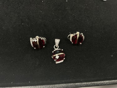 Sterling Silver 925 Earrings & Pendant Set with Synthetic Red Stones and CZs – 14.88g