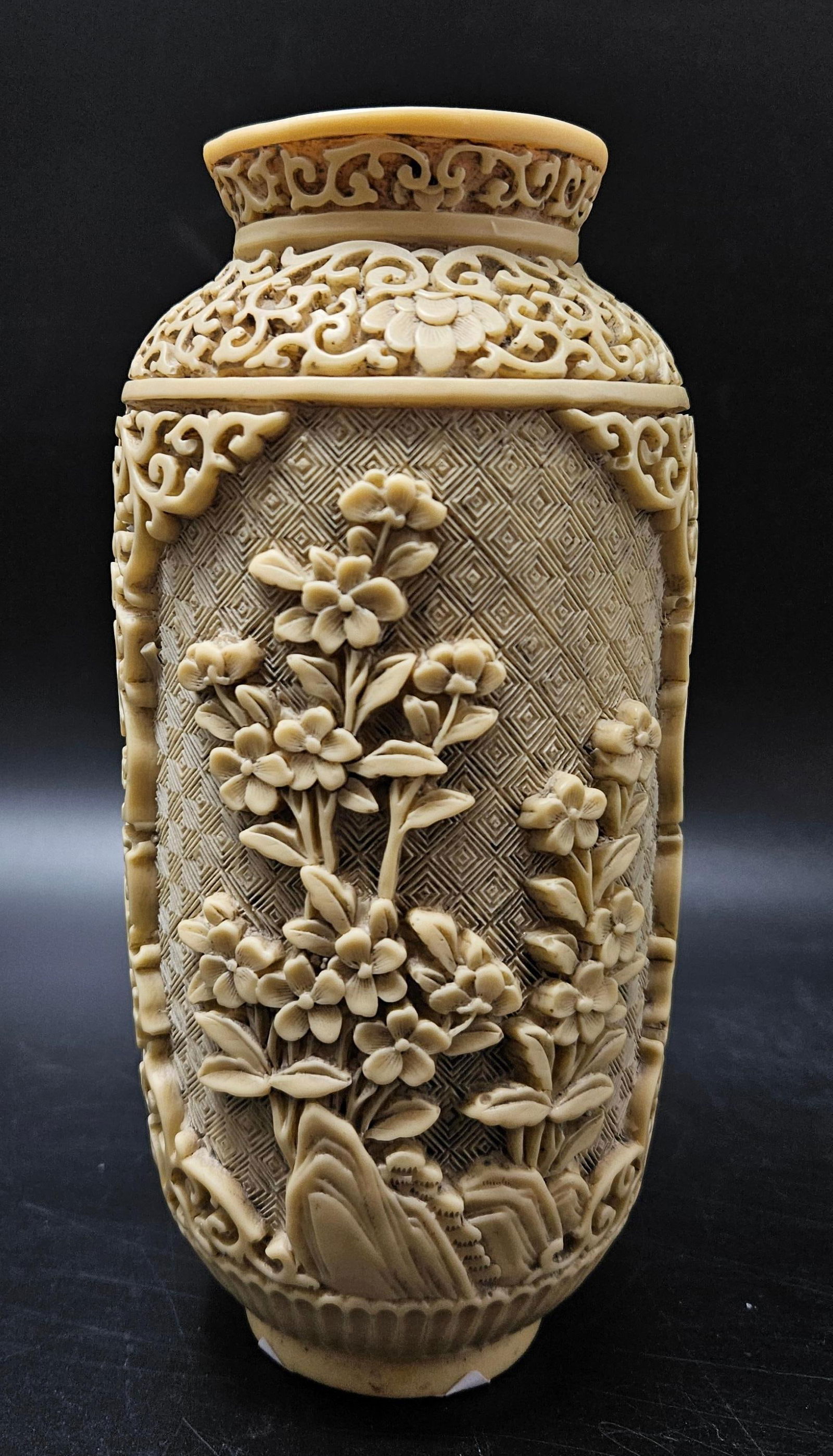 Vintage Chinese Bone Vase: Hand carved Bone vessel, H8in L3.5in