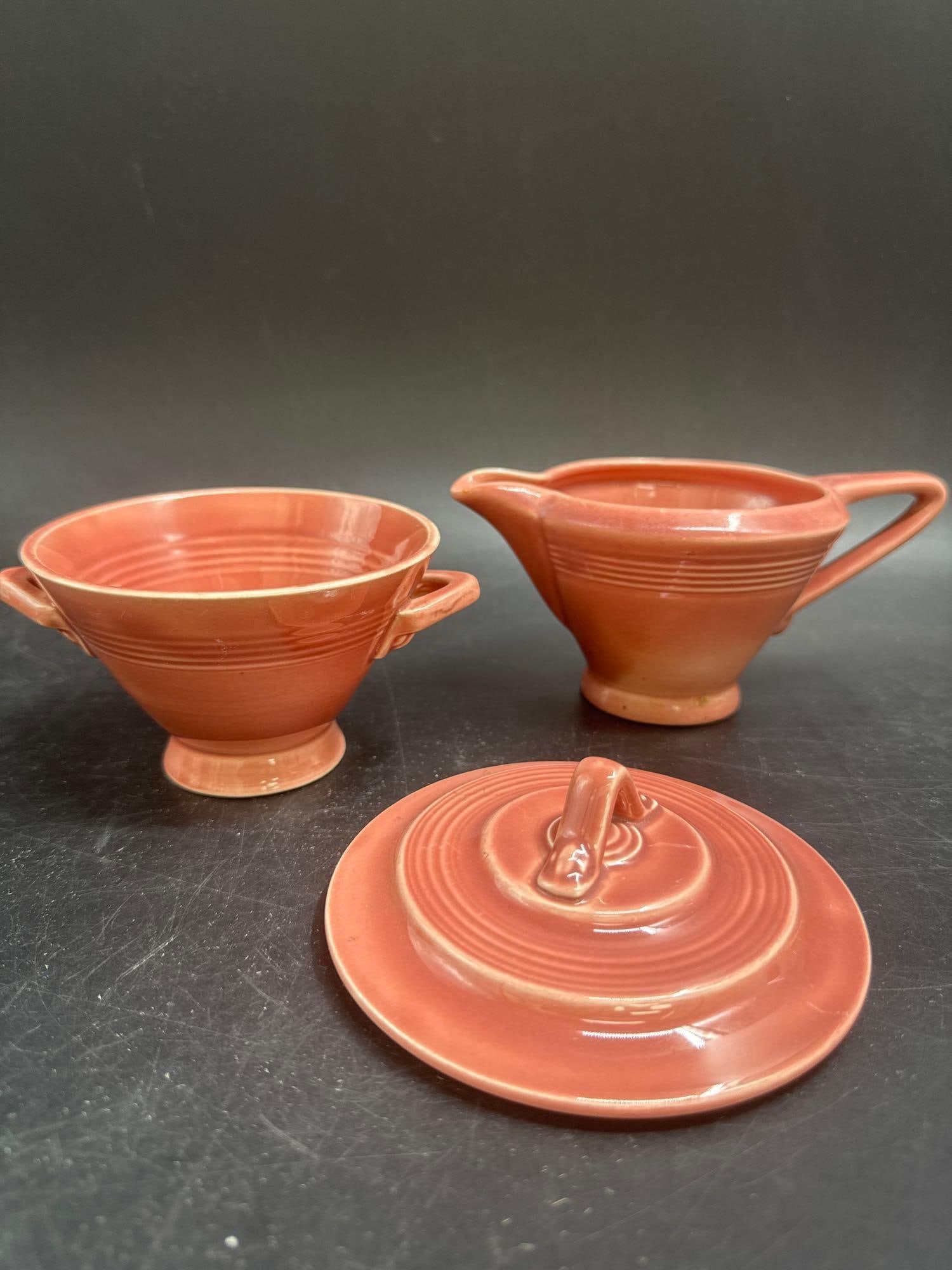 Vintage Fiesta Red Ceramic Creamer and Sugar Set with Lid (1 of 6)