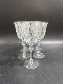Set of 5 Vintage Etched Glass Goblets with Floral and Medallion Motifs