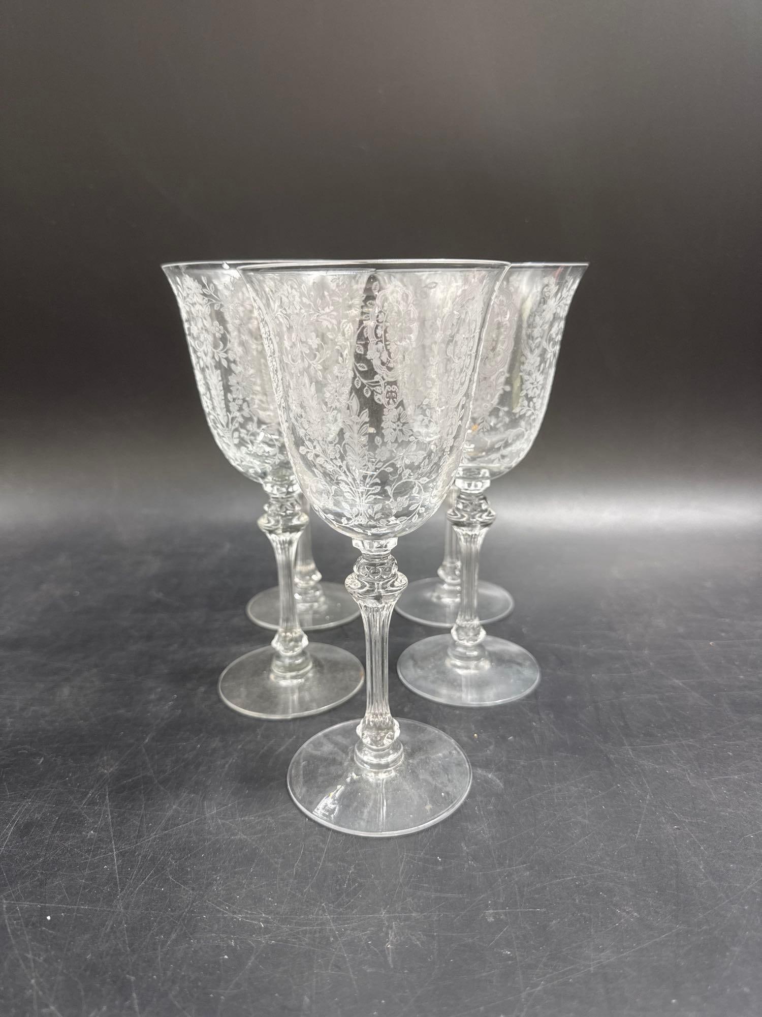 Set of 5 Vintage Etched Glass Goblets with Floral and Medallion Motifs (1 of 3)