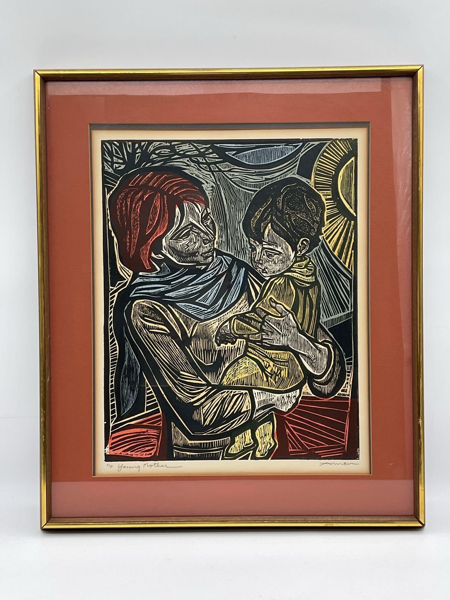 "Young Mother" by Irving Amen (American, 1918-2011) Woodcut (1 of 4)