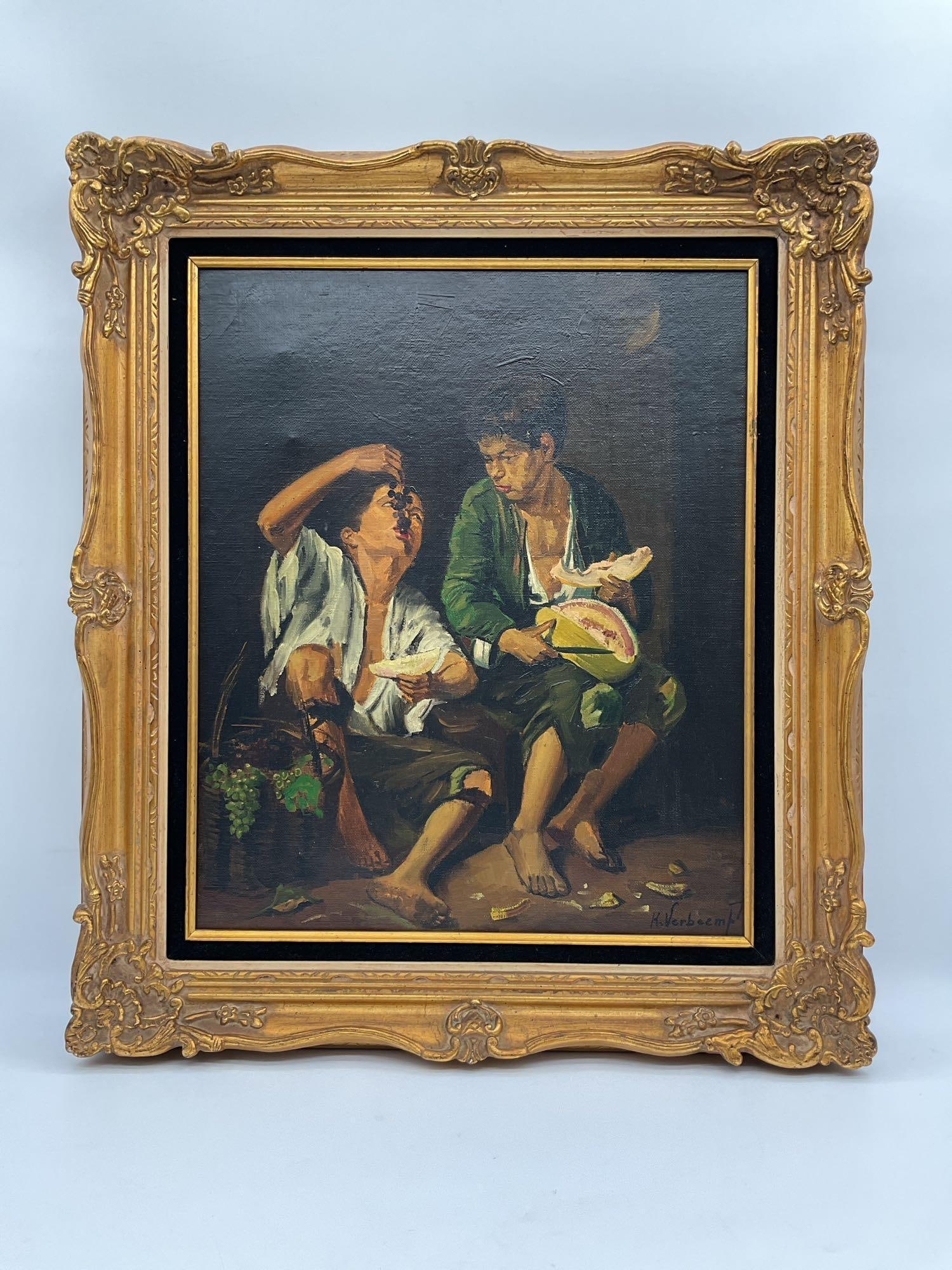 "Children Eating Grapes and a Melon" by Bartolome Esteban Murillo(Spanish, 1617-1682): A classical-style genre painting depicting two barefoot boys enjoying fruit, one holding grapes and the other eating from a melon. A basket of grapes sits beside them. The scene is rendered with rich,