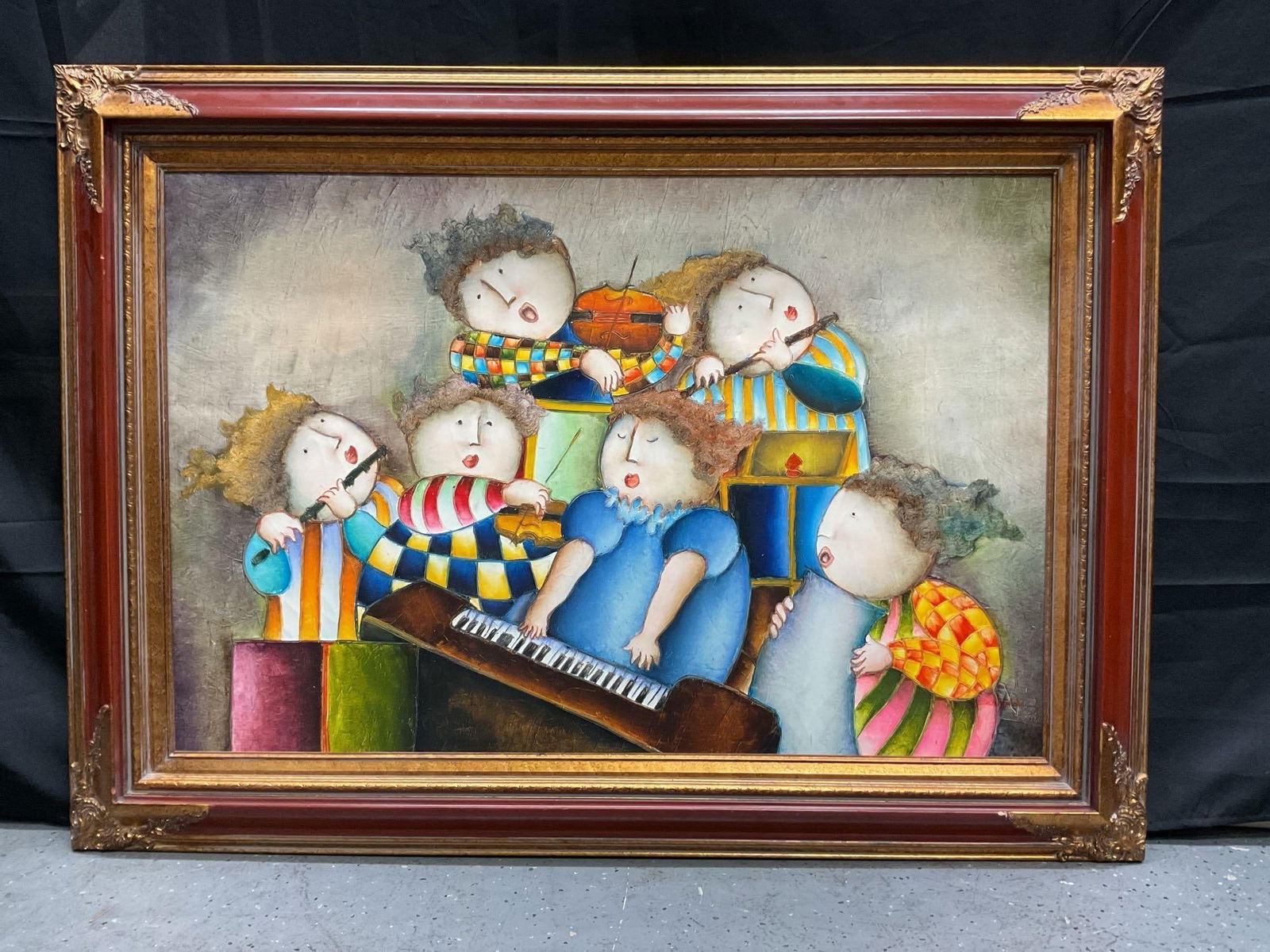 Joyful Ensemble by Roybal Oil on Canvas: Colorful and animated scene featuring six musicians and singers around a piano, each with expressive faces and vibrant patterned clothing in Roybal’s signature whimsical style Dimensions: H31in