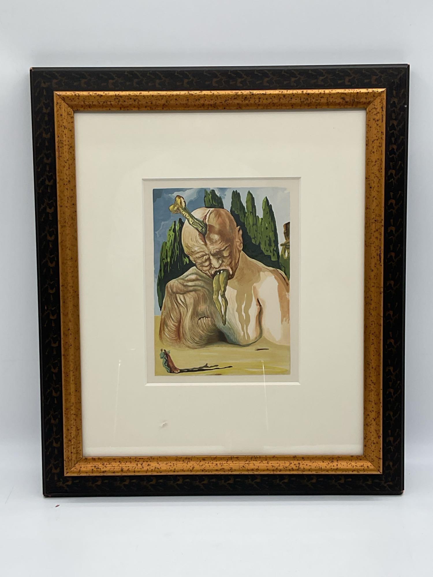 "Apparition De Dite" by Salvador DalI (Spain, 1904-1989) Lithograph: Original 1964 woodcut print on BFK Rives paper, from Salvador Dali's “The Divine Comedy” series. Titled Apparition De Dite, this surreal illustration represents the infernal deity