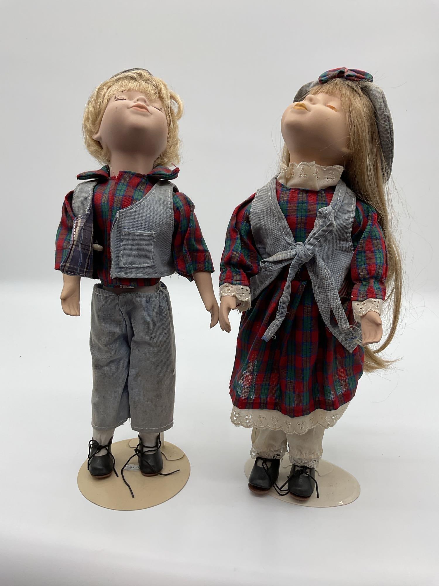 Vintage Porcelain Doll Pair – Boy and Girl in Plaid Outfits (1 of 4)