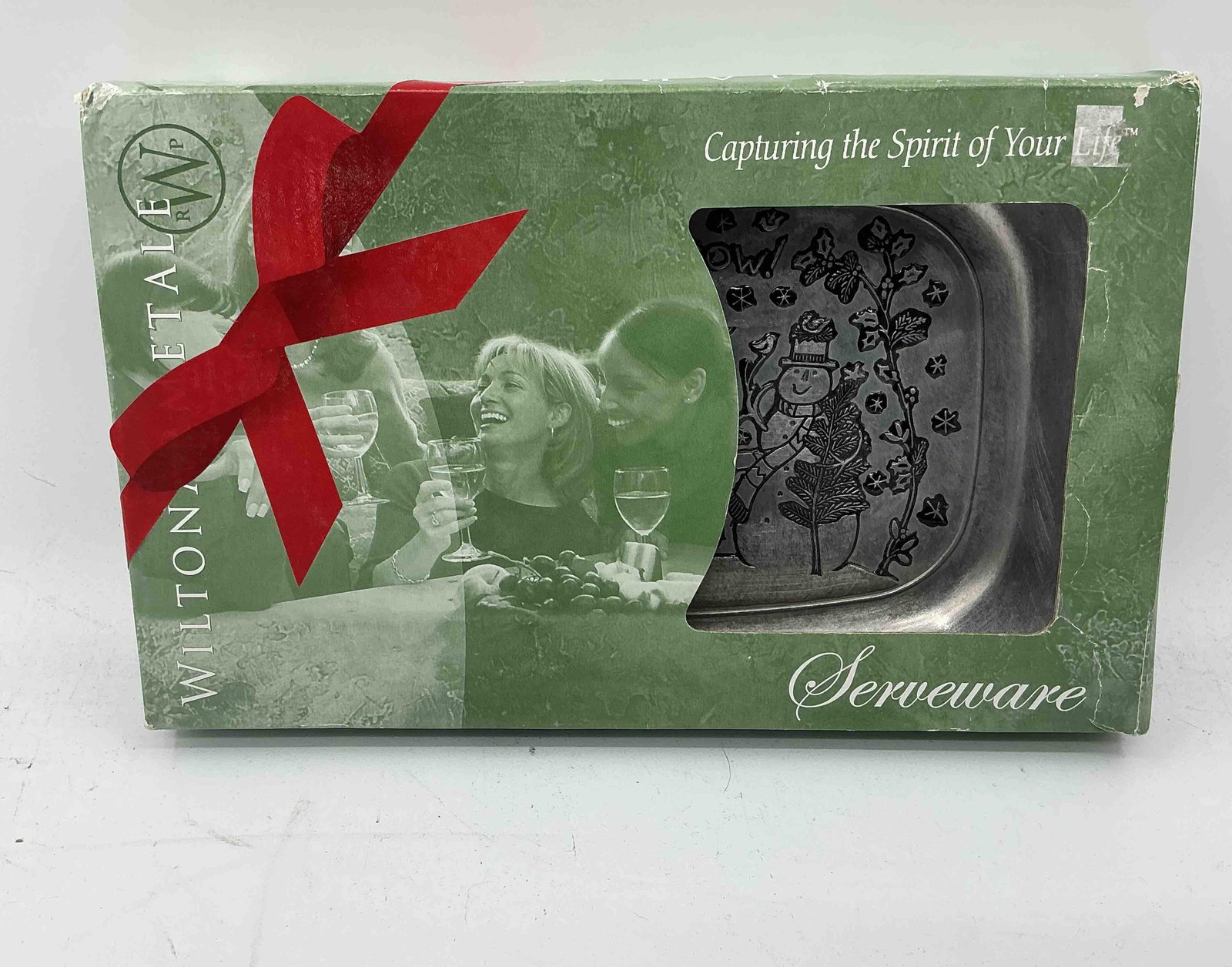Wilton Armetale Holiday Snowman Serveware Dish in Box: Decorative Wilton Armetale metal serveware dish featuring a raised snowman and holiday motif. Comes in the original retail box marked “Capturing the Spirit of Your Holiday.” Durable pewter