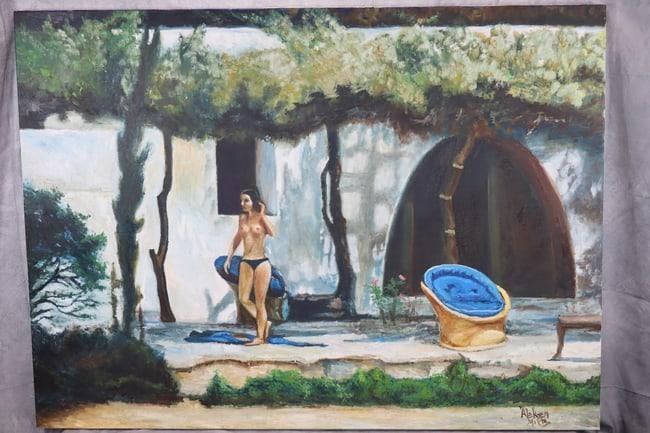 Jacqueline Kennedy Onassis Oil Painting: Oil on canvas nude painting of Jackie Onassis by Alekxey Sabido. Provenance: In 1973 during a marital dispute Between Jackie Onassis and her husband Aristotle Onassis the paparazzi was made aware that