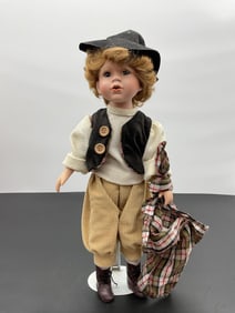 Porcelain Boy Doll in Newsboy Outfit with Plaid Blanket
