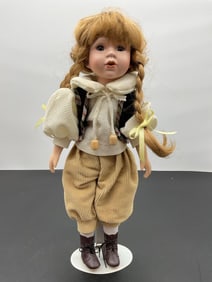 Porcelain Doll in Vintage Newsboy Outfit with Pigtails
