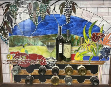 Stained Glass Wine Rack Wall Art with Vineyard Scene