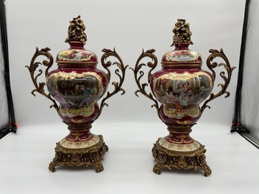 Pair of French Style Porcelain and Gilt Bronze Urns