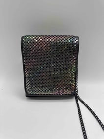 Vintage Black Mesh Evening Bag with Iridescent Finish and Chain Strap