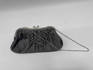 Vintage Black Satin Evening Clutch with Silver-Tone Chain Strap