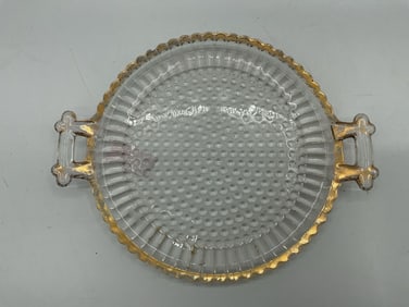 Vintage Clear Hobnail Glass Tray with Gilded Handles