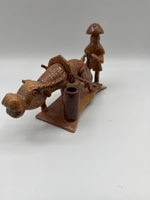 Hand-Carved Palmwood Water Buffalo and Farmer Figurine