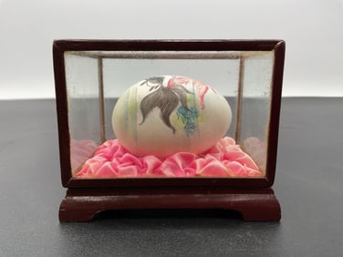 Hand-Painted Decorative Egg with Koi Fish Motif in Vintage Display Case