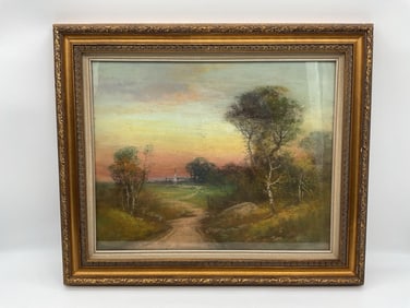 Vintage Sunset Landscape Oil on Board