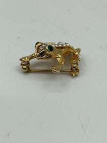 Gold Tone Rhinestone Frog Brooch