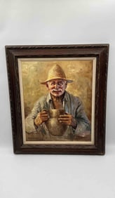 G. Romano Oil Painting – Elderly Man with Jug