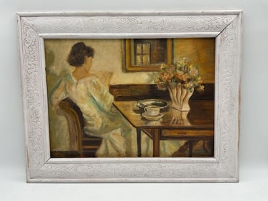 "Una Mujer en la Mesa" by Pio Collivadino (Argentina,1869-1945) Oil on canvas