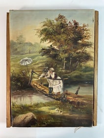 Antique Romantic Countryside Scene Oil Painting on Board