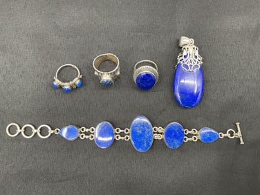 Sterling Silver Jewelry Set with Lapis Lazuli Stones – 3 Rings, Bracelet, and Pendant